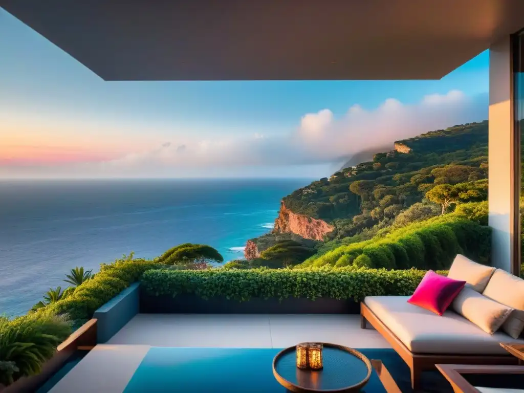 Residencia de lujo en acantilado con vista al mar al atardecer Una propiedad costera de lujo en un acantilado con vista al mar, rodeada de naturaleza exuberante y un atardecer en tonos naranja y rosa
