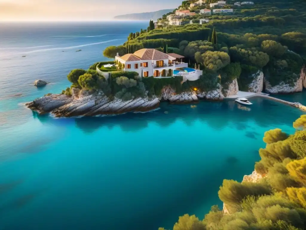 Villa de lujo con piscina infinita en acantilado mediterráneo al atardecer Propiedad costera de lujo en acantilado con piscina infinita privada y vistas al mar Mediterráneo al atardecer