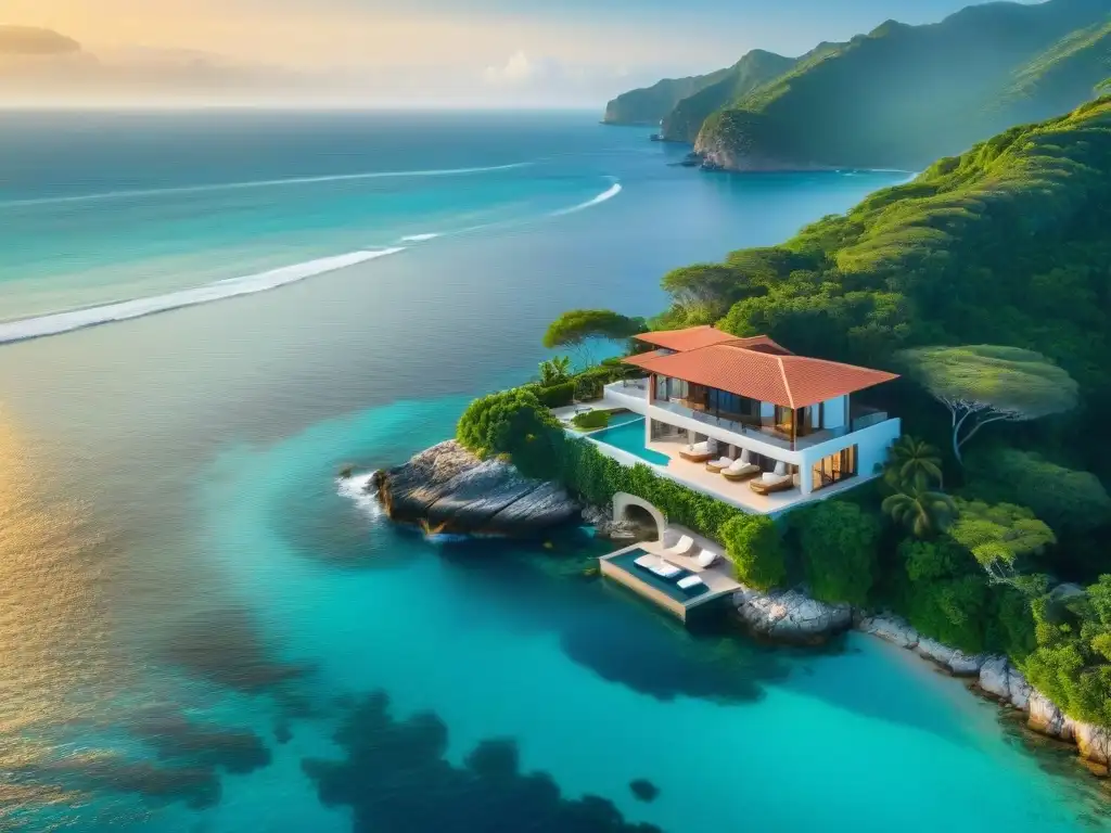 Villa de lujo en acantilado: atardecer idílico frente al mar Una propiedad costera de lujo en un acantilado con vistas al mar turquesa, piscina infinita y helipuerto al atardecer