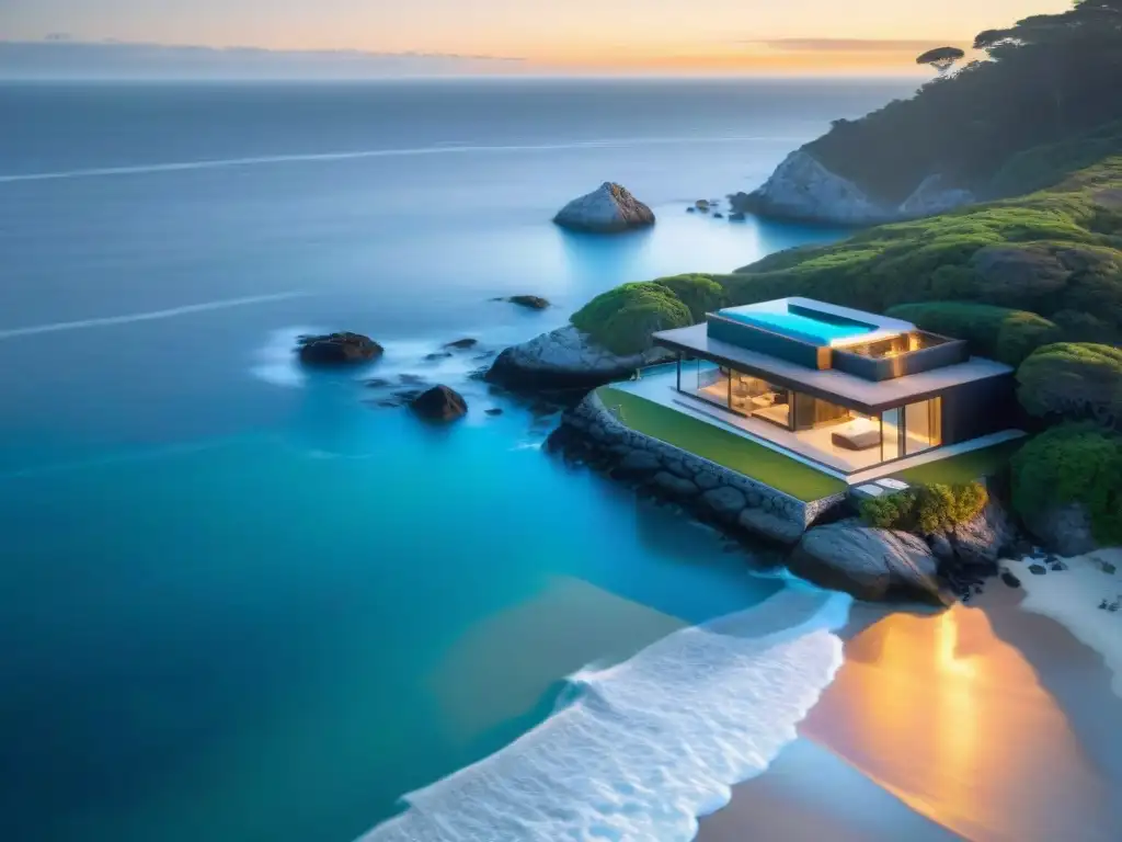Vista aérea de propiedad costera de lujo con sistema domótico al atardecer Una propiedad costera de lujo al atardecer con sistema domótico avanzado, fusionando tecnología y belleza costera