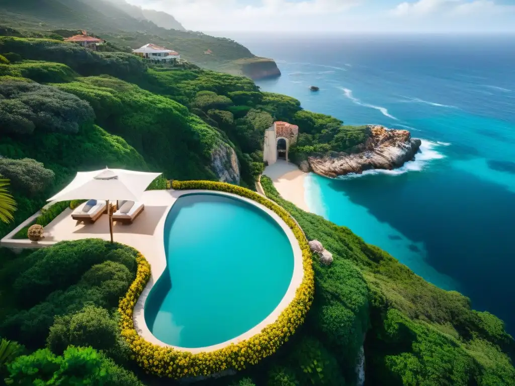 Residencia de lujo en acantilado con piscina infinita privada Propiedad costera de lujo con concierge atendiendo en terraza con piscina infinita, frente al mar turquesa