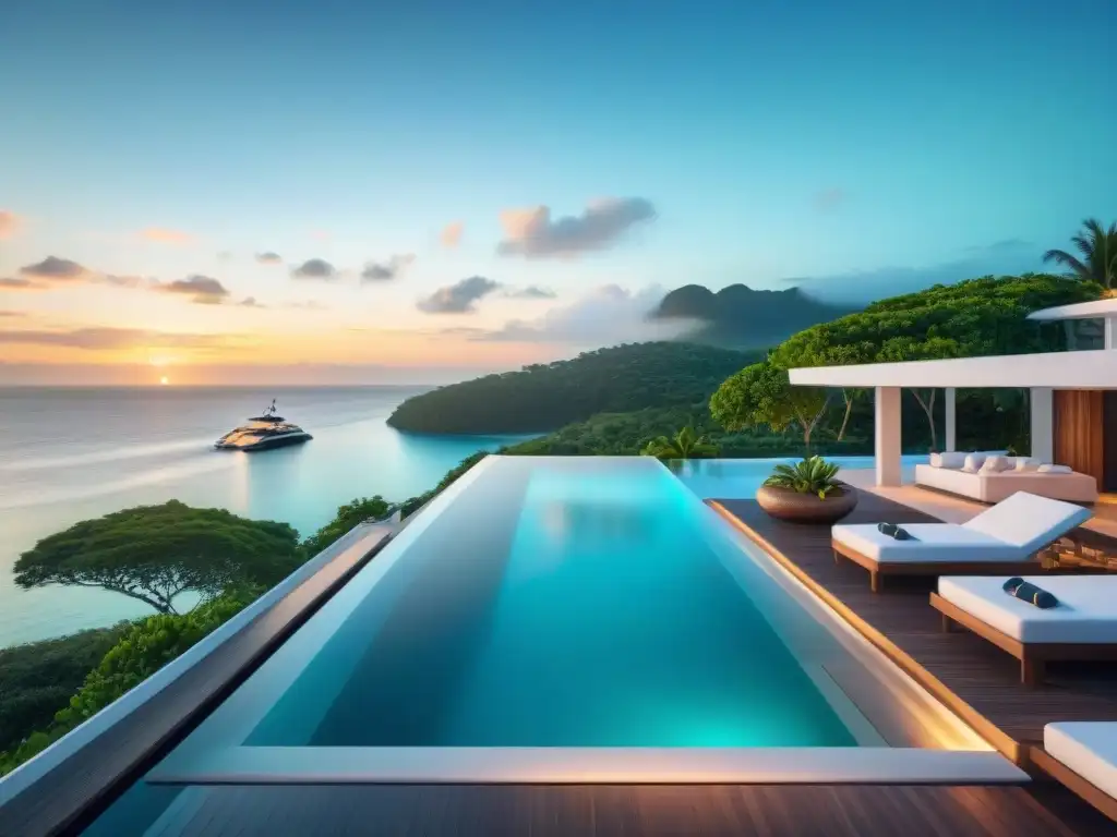 Propiedad costera de lujo con vista al mar y piscina infinita Una propiedad costera de lujo con moderna arquitectura, ventanales con vistas al mar turquesa y playa de arena blanca