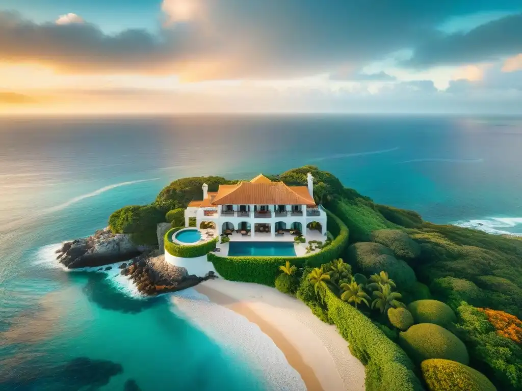 Mansión de lujo frente al mar al atardecer Propiedad costera de lujo con mansión, playa privada, piscina infinita y jardines, bañados por la luz dorada de un atardecer dramático