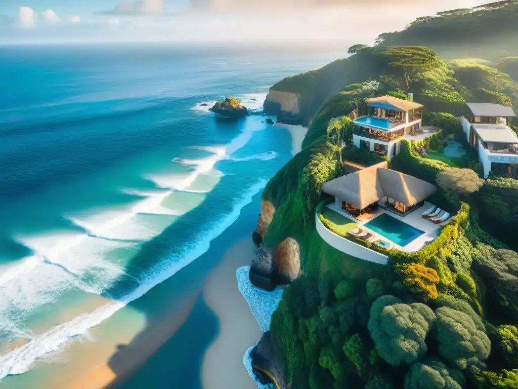 Paraíso costero: propiedad de lujo con piscina infinita y surfistas Una propiedad costera de lujo con surfistas disfrutando de las olas, piscina infinita y vistas al mar