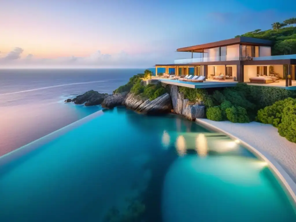 Villa de lujo con infinity pool y vistas al mar en acantilado Propiedad costera de lujo con vista al mar, piscina infinita y atardecer reflejado