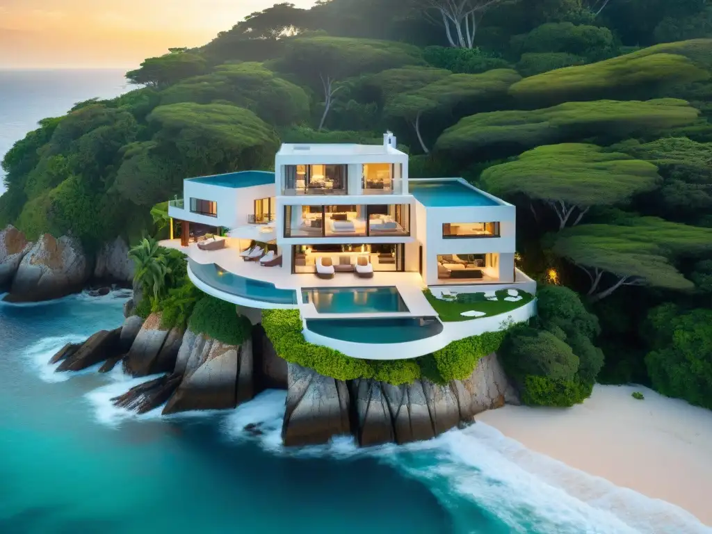 Villa de lujo en acantilado: atardecer sobre el mar Propiedad costera de lujo con vista al mar, piscina infinity y naturaleza exuberante al atardecer