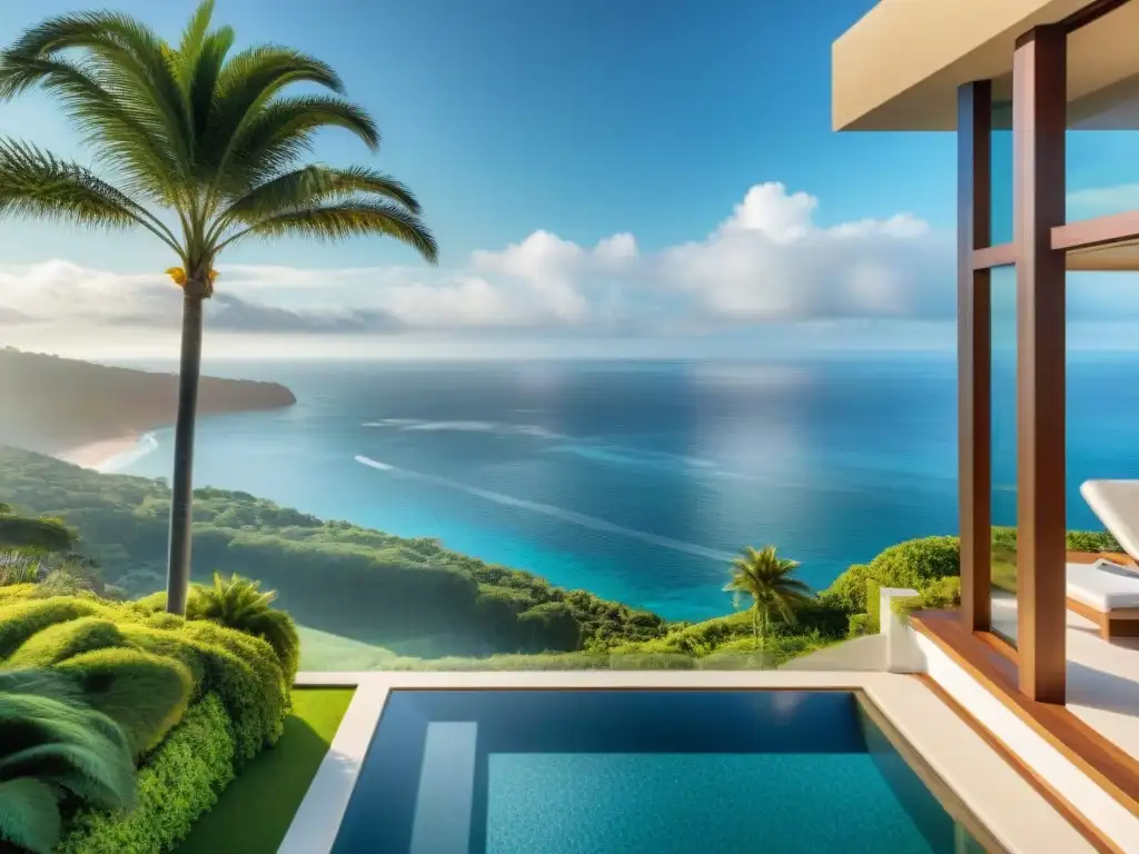 Mansión de lujo en acantilado con vistas al mar Propiedad costera de lujo con vista al mar, piscina infinita y terraza, rodeada de exuberante vegetación y palmeras