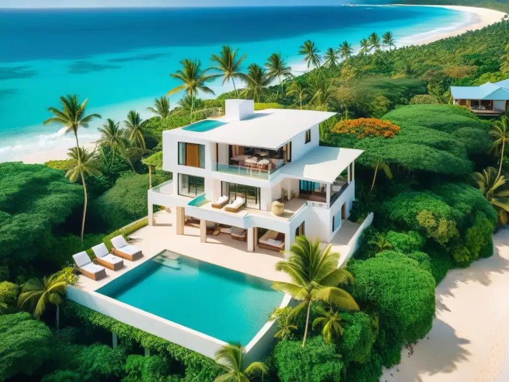 Villa de lujo frente al mar: paraísos tropicales Propiedad costera de lujo con vista al mar, playa de arena blanca, palmeras verdes y piscina infinita privada al atardecer