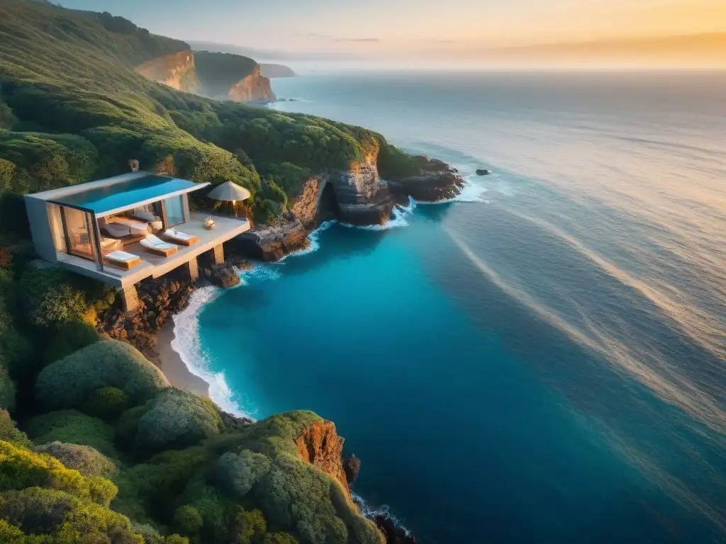 Propiedad de lujo frente al mar: piscina infinita y atardecer dorado Una propiedad costera de lujo con vistas al mar, piscina infinita y atardecer dorado en el horizonte
