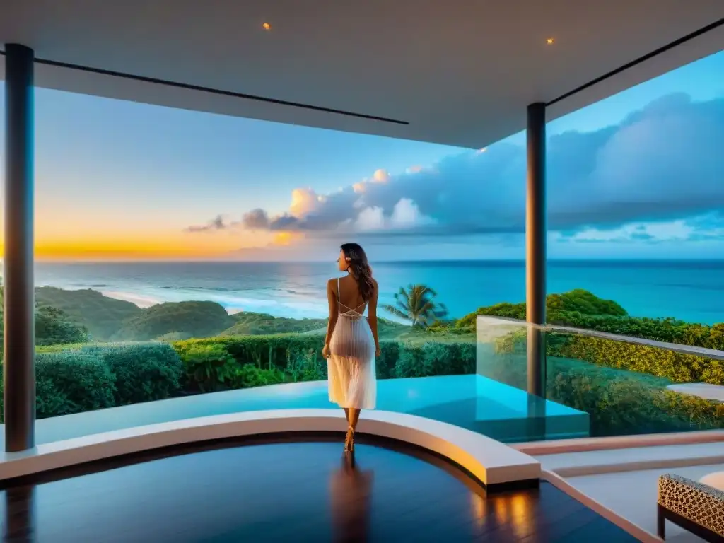 Propiedad costera de lujo: 8k panorámico con atardecer Propiedad costera de lujo con vistas al mar, ventanales y terraza, capturada por cámara 360°