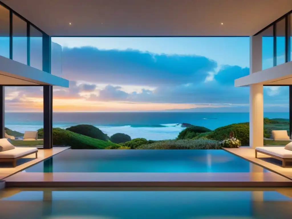 Propiedad costera de lujo al amanecer: arquitectura moderna y vistas panorámicas al mar Propiedad costera lujosa al amanecer con vistas panorámicas al mar