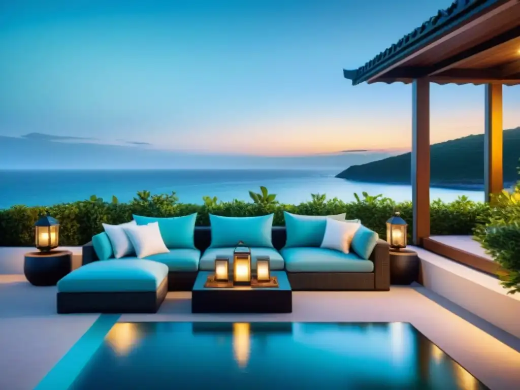 Terraza de lujo frente al mar con sofá y mesa elegante Decoración de exteriores en propiedad costera: lujoso patio con sofá cómodo, mesa elegante y cálida iluminación al atardecer