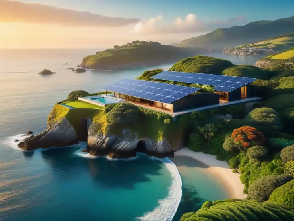 Propiedad costera sostenible con paneles solares al atardecer Propiedad costera moderna con paneles solares, rodeada de vegetación y vista al mar al atardecer