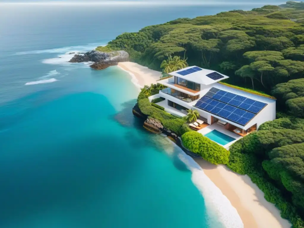Propiedad costera innovadora: diseño resistente con ventanas antihuracanes y paneles solares Propiedad costera moderna con seguros innovadores y diseño vanguardista