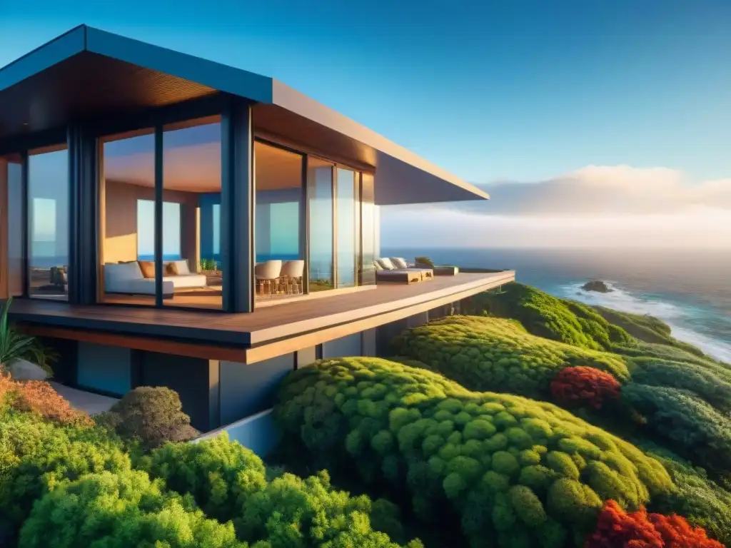 Propiedad costera sostenible con paneles solares y vistas al mar Una propiedad costera moderna y sostenible con paneles solares, ventanas amplias y vegetación nativa