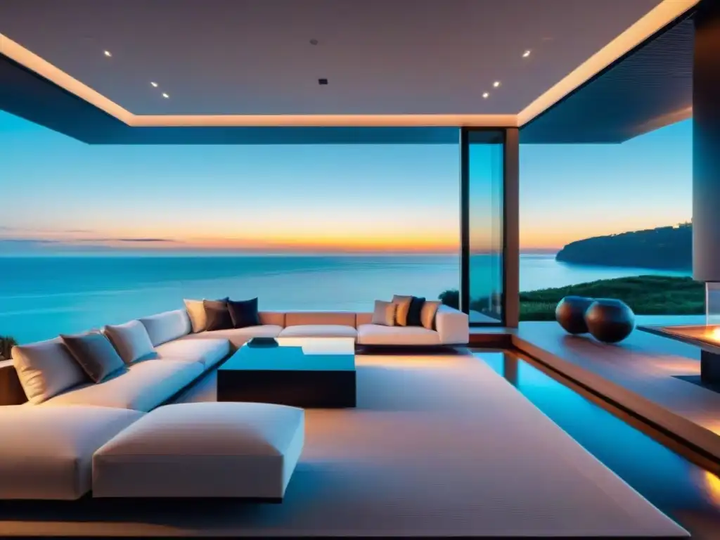 Propiedad costera de lujo: atardecer con tecnología smart home integrada Propiedad costera moderna con domótica tecnológica integrada, reflejos en el mar al atardecer