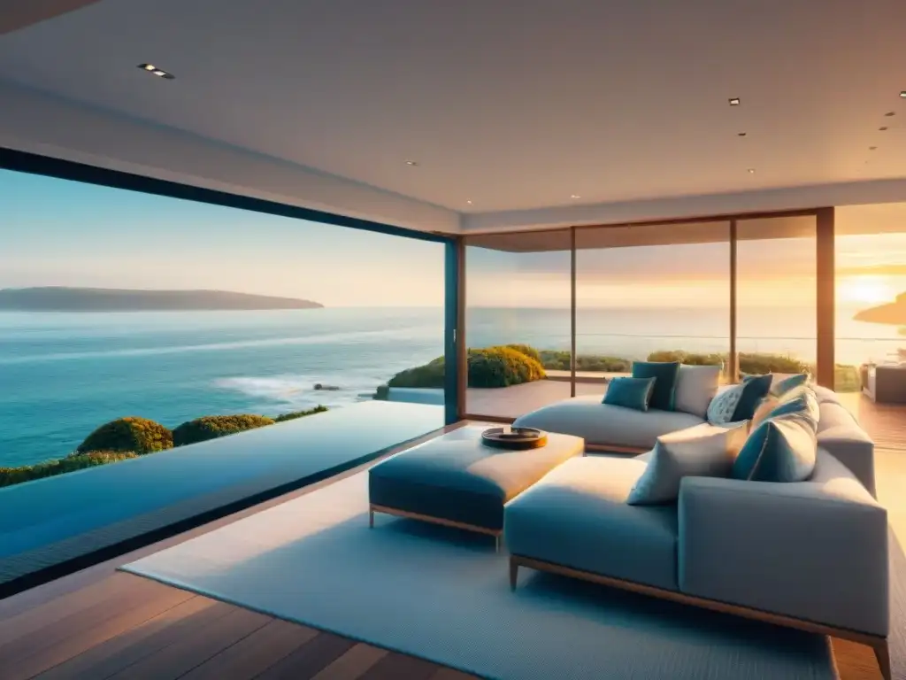 Casa de lujo frente al mar con tecnología avanzada Propiedad costera moderna con domótica tecnológica integrada en un oasis de lujo junto al mar al atardecer