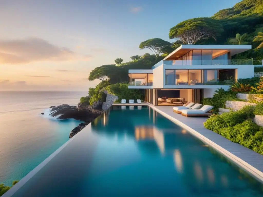 Propiedad costera de lujo con piscina infinita y vistas al mar Visualización en 3D de propiedad costera moderna con vista al mar, piscina infinita y atardecer cálido
