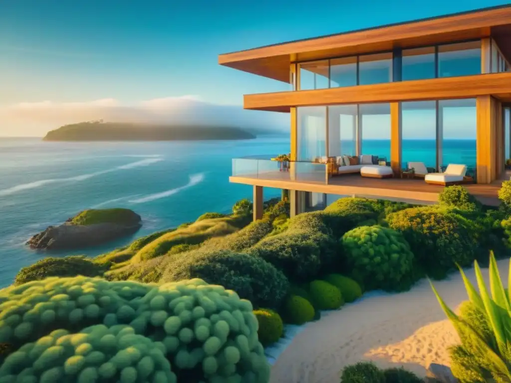 Propiedad costera moderna: atardecer sereno junto al mar Propiedad costera moderna con vistas al mar al atardecer, rodeada de naturaleza exuberante