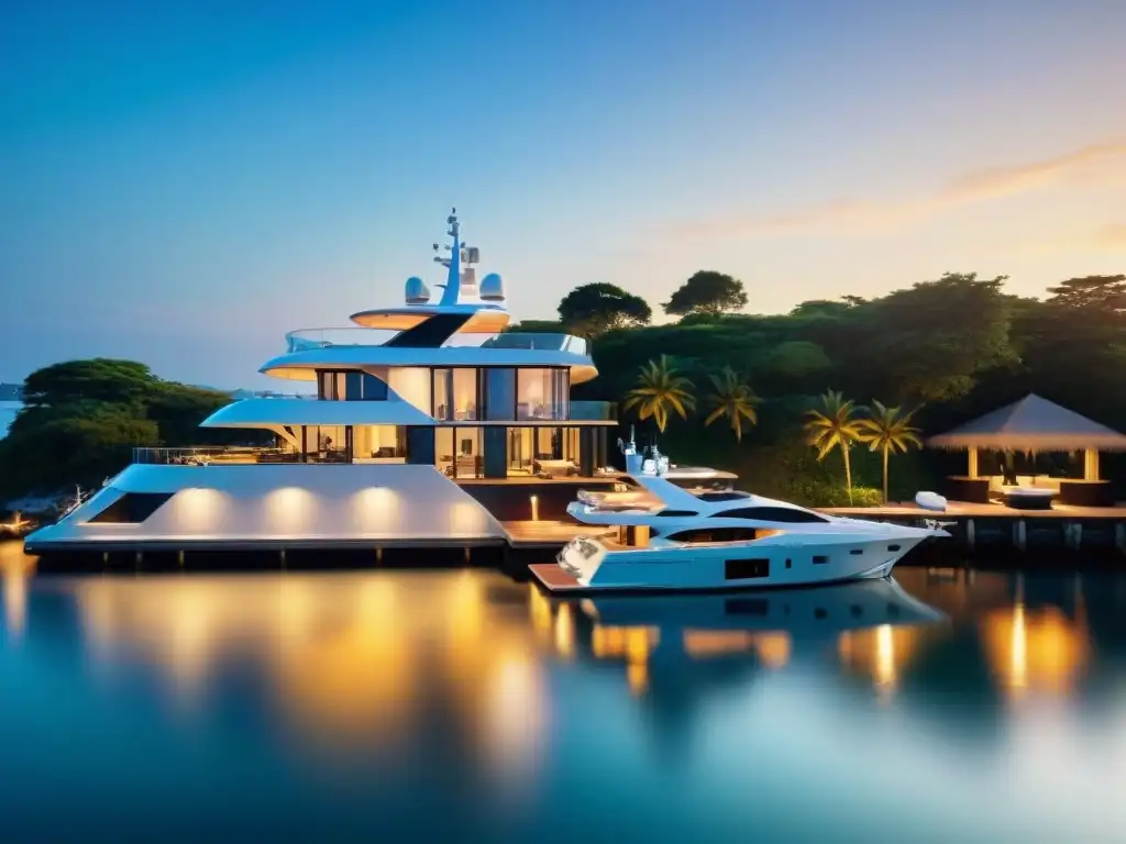 Residencia de lujo en la costa con yate blanco al atardecer Propiedad costera con muelle privado yate blanco al atardecer