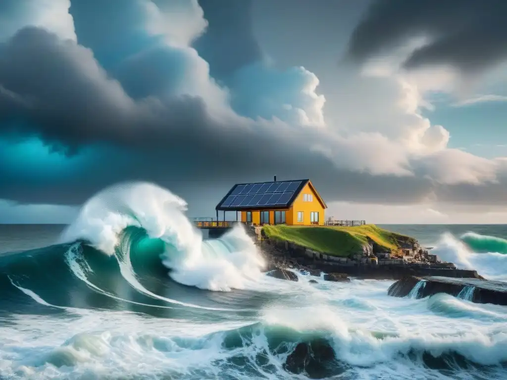 Propiedad costera sostenible desafiando olas en tormenta Propiedad costera desafiando olas en tormenta, con diseño sostenible frente a desafíos climáticos
