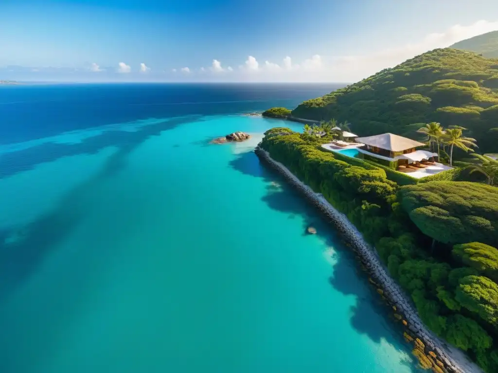 Residencia costera de lujo: atardecer dorado junto al mar Propiedad costera privada exclusiva: mansión moderna rodeada de vegetación, bañada por el sol poniente y aguas turquesas