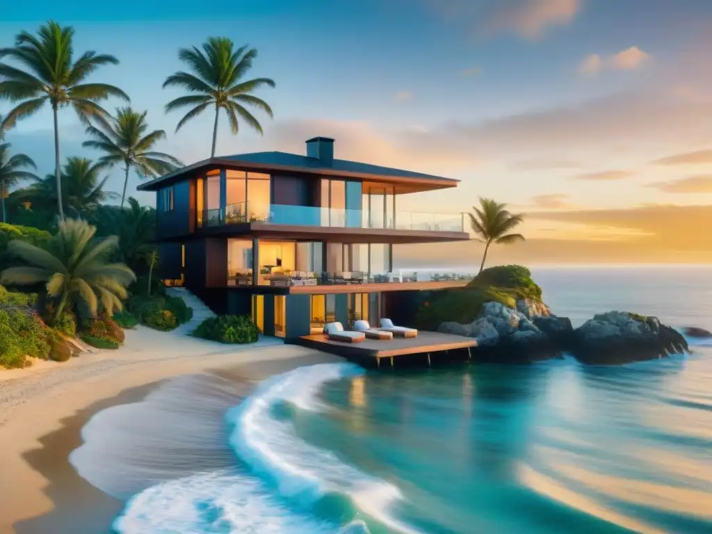 Residencia costera de alta tecnología frente al mar Propiedad costera protegida con tecnología: casa moderna rodeada de sistemas de seguridad y exuberante naturaleza marina al atardecer