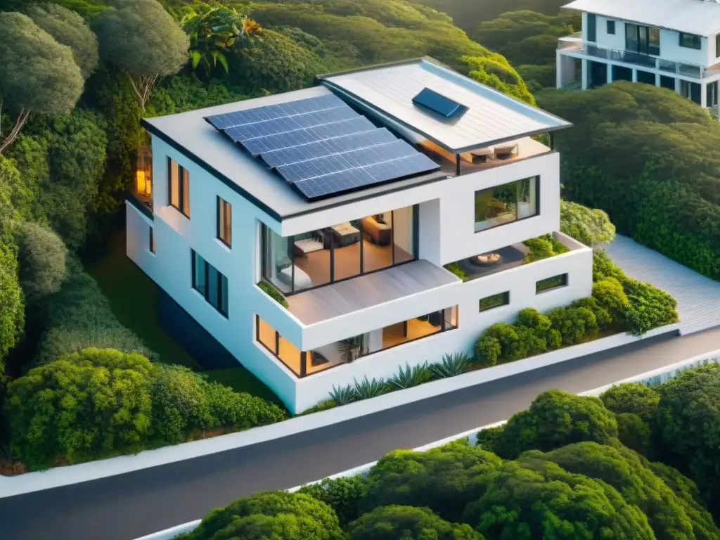 Propiedad costera moderna y segura con diseño resistente a huracanes Una propiedad costera segura con diseño moderno resistente a huracanes, rodeada de vegetación exuberante y paneles solares en el techo