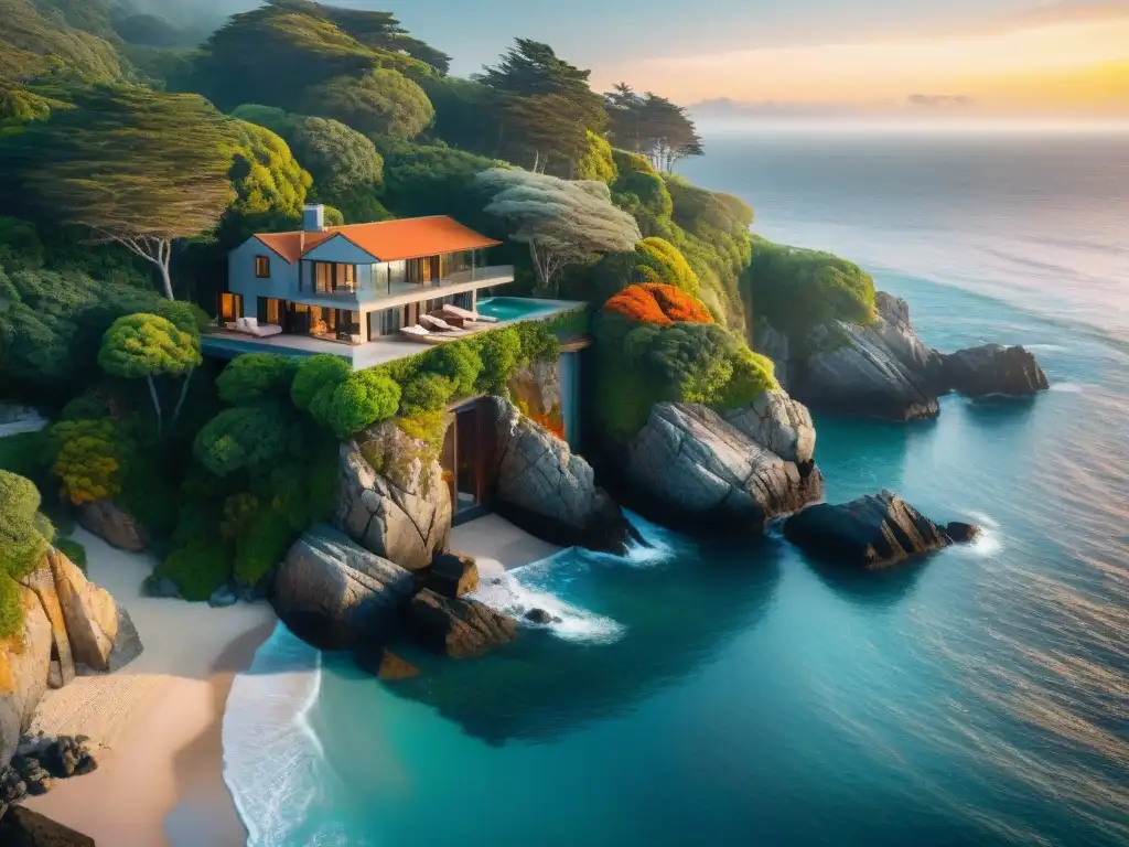 Residencia de lujo en acantilado con vistas al mar y atardecer Propiedad costera segura con vista al mar y atardecer dramático