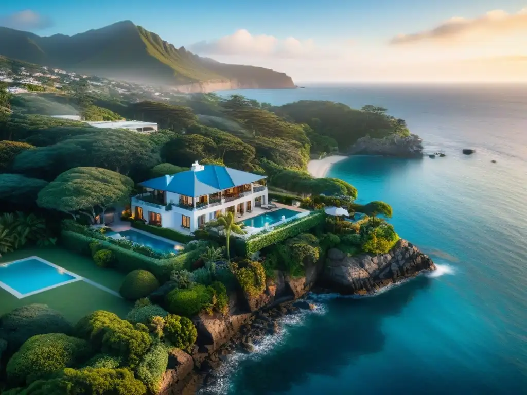 Propiedad costera: lujo junto al mar Propiedad costera con Seguros para propiedades costeras, casa detallada, jardines exuberantes y mar azul