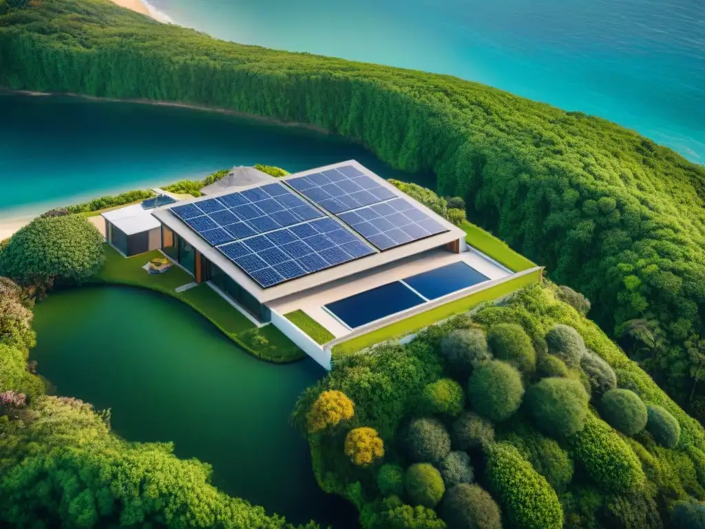 Propiedad costera sostenible: armonía entre modernidad y naturaleza Una propiedad costera sostenible innovadora con paneles solares y turbinas eólicas, rodeada de naturaleza exuberante y el mar