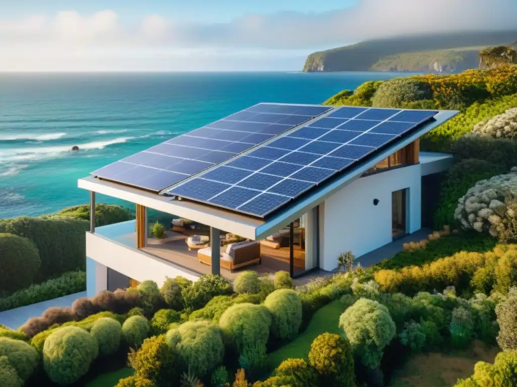 Propiedad costera sostenible: diseño moderno y ecoamigable Propiedad costera sostenible innovadora con paneles solares, recolección de agua de lluvia y jardín verde
