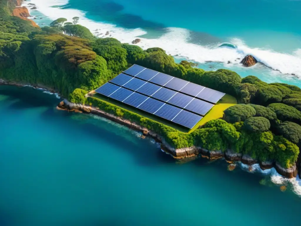 Propiedad costera sostenible: armonía eco-moderna junto al mar Una propiedad costera sostenible innovadora, con paneles solares brillando bajo el sol y diseño ecoamigable integrado en la naturaleza