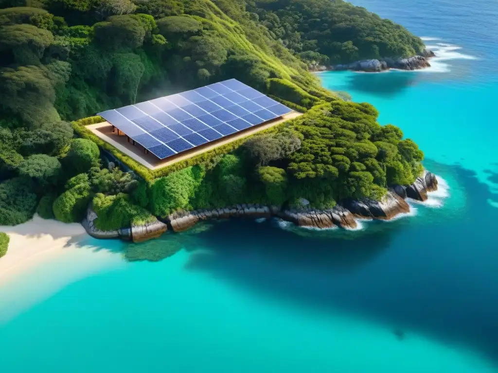 Propiedad costera sostenible: arquitectura innovadora en armonía con la naturaleza Una propiedad costera sostenible innovadora con paneles solares brillando bajo el sol, rodeada de exuberante vegetación y aguas cristalinas