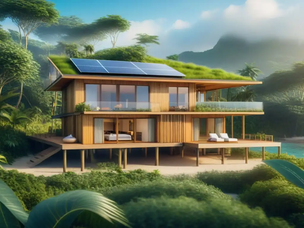 Propiedad frente a la playa eco-amigable con diseño sostenible Propiedad costera sostenible con materiales ecofriendly, paneles solares, ventanales y sistema de recolección de agua de lluvia
