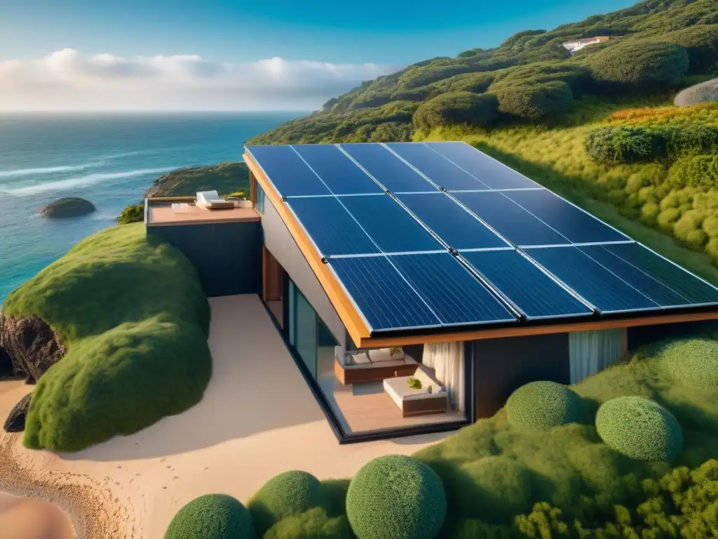 Eco-vivienda costera sostenible: modernidad en armonía con la naturaleza Una propiedad costera sostenible con paneles solares, sistema de recolección de agua de lluvia y materiales ecoamigables