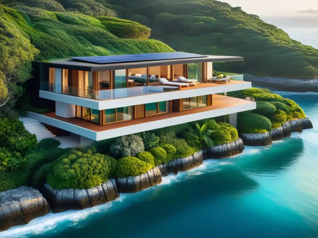Propiedad costera sostenible: diseño vanguardista con vista al mar Propiedad costera con diseño arquitectura sostenible, ventanales, techo verde y paisajismo innovador, frente al mar