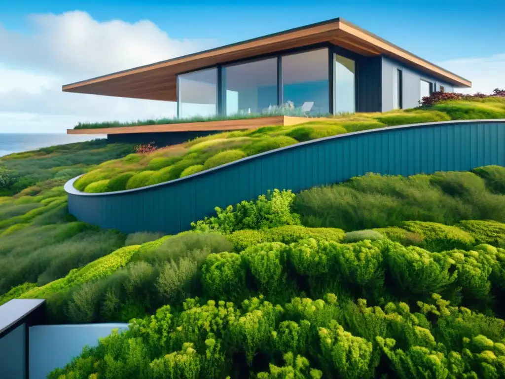 Propiedad costera ecofriendly con techo verde exuberante Propiedad costera con techo verde, integrando naturaleza, vista al mar bajo cielo azul