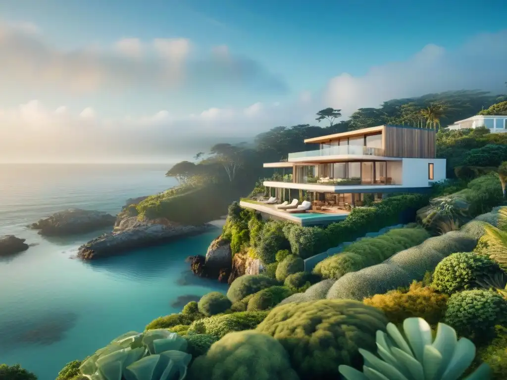 Propiedad costera con técnicas construcción innovadoras y materiales sostenibles, en armonía con paisaje natural