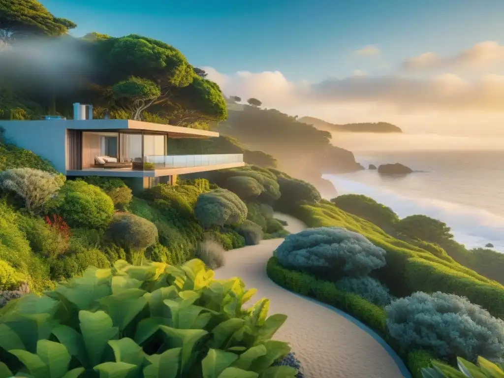 Propiedad costera de lujo con tecnología de seguridad integrada al amanecer Propiedad costera al amanecer con tecnología de seguridad integrada, rodeada de naturaleza y vista al mar