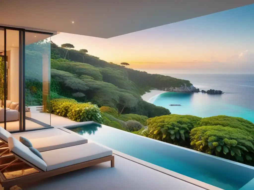 Villa de playa moderna en atardecer frente al mar Propiedad costera con tours virtuales: Moderna villa de playa al atardecer, con ventanales que ofrecen vistas al mar