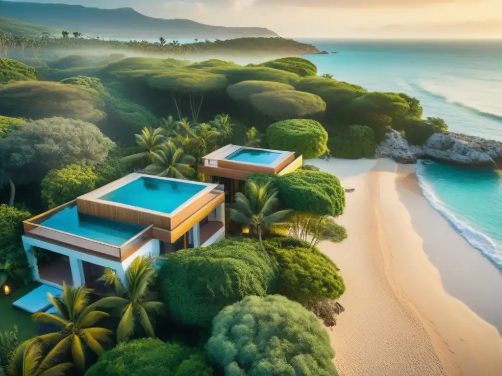 Propiedad costera paradisíaca al atardecer Propiedad costera en venta, con aguas turquesas y arena dorada, rodeada de exuberante vegetación bajo la cálida luz del atardecer