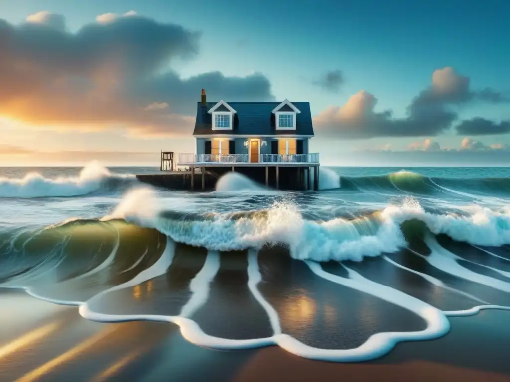 Inversión costera: Impacto del cambio climático en bienes raíces Propiedad costera en venta parcialmente sumergida en el mar debido al cambio climático, reflejando la urgencia y riesgos financieros