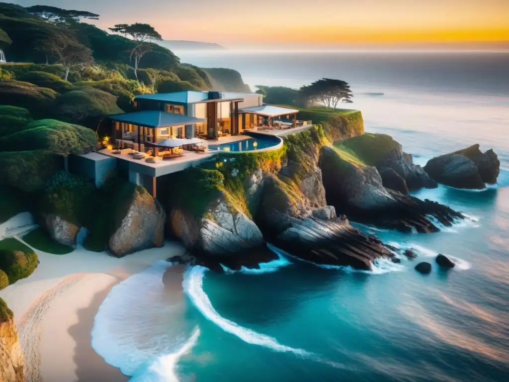 Propiedad costera de lujo: atardecer en el acantilado Propiedad costera con vista impresionante al mar al atardecer, lujo y exclusividad