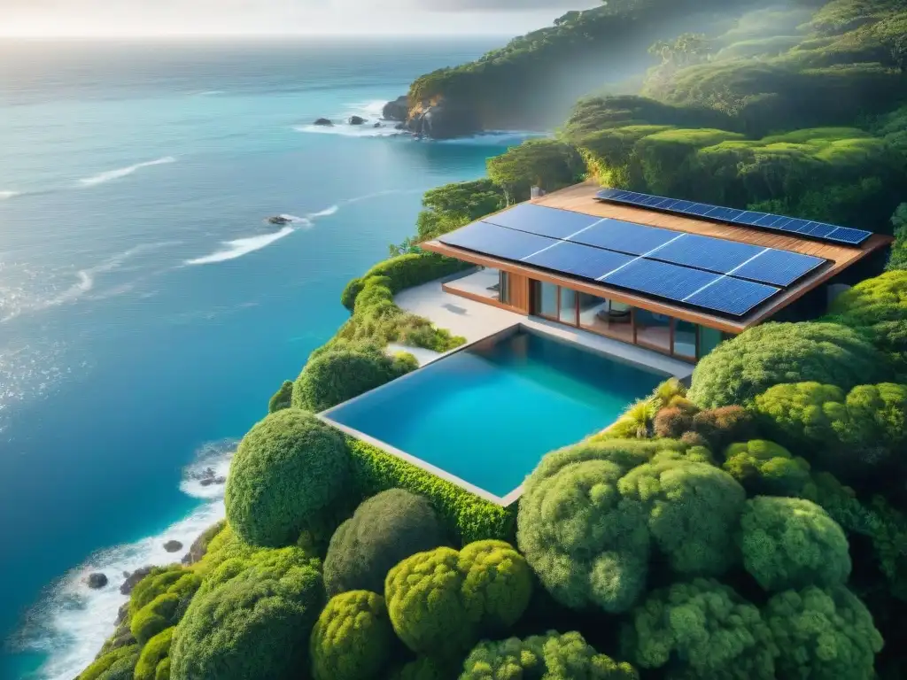Propiedad ecoamigable integrada en la naturaleza Una propiedad frente al mar con arquitectura verde integrada en la naturaleza, destacando paneles solares y techo verde