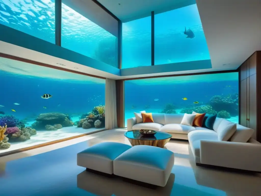 Residencia submarina de lujo con vistas panorámicas a arrecifes de coral Propiedad subacuática de lujo con sala de estar de vidrio y vistas a arrecifes de coral y vida marina