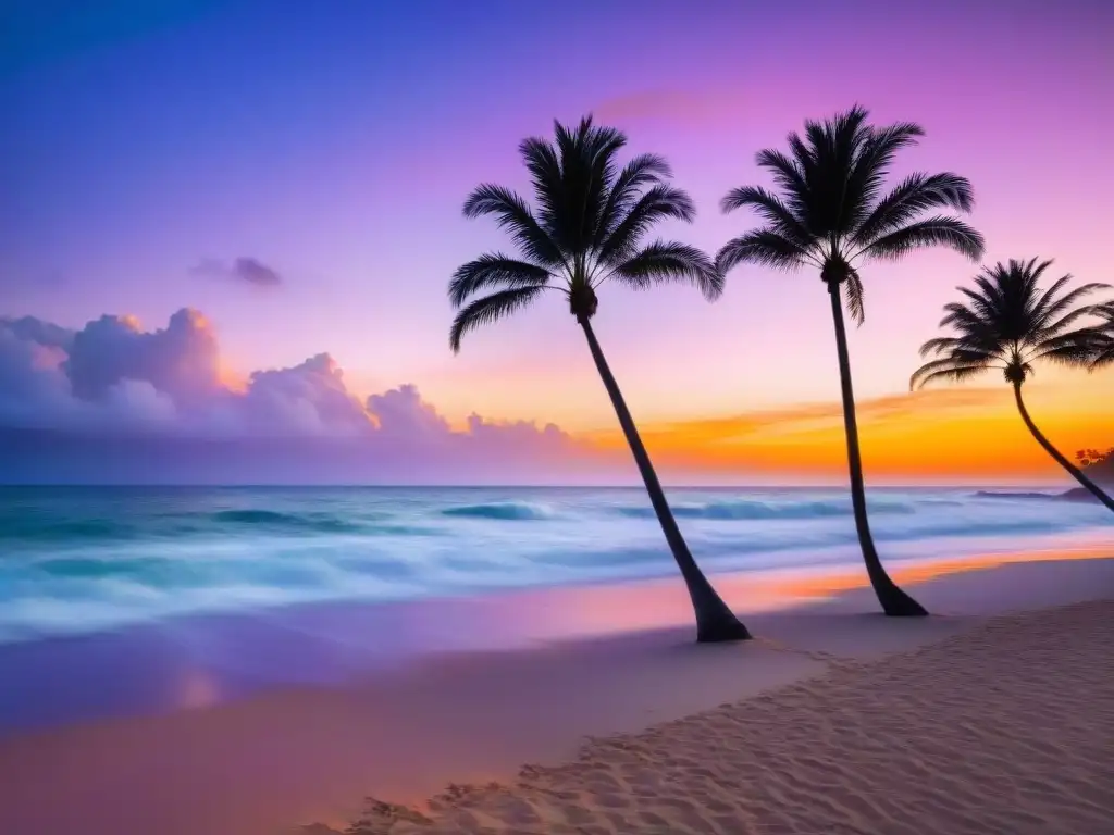 Playa tropical al atardecer: calma y belleza dorada Propiedades en la costa para preRetiro: Playa serena al atardecer con palmeras y tonos dorados en el mar