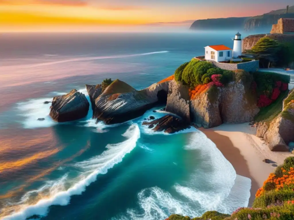 Propiedad costera de ensueño con atardecer en acantilado Propiedades costeras inspiran artistas: Mansión moderna en acantilado, vista al mar al atardecer, gaviotas en el cielo colorido