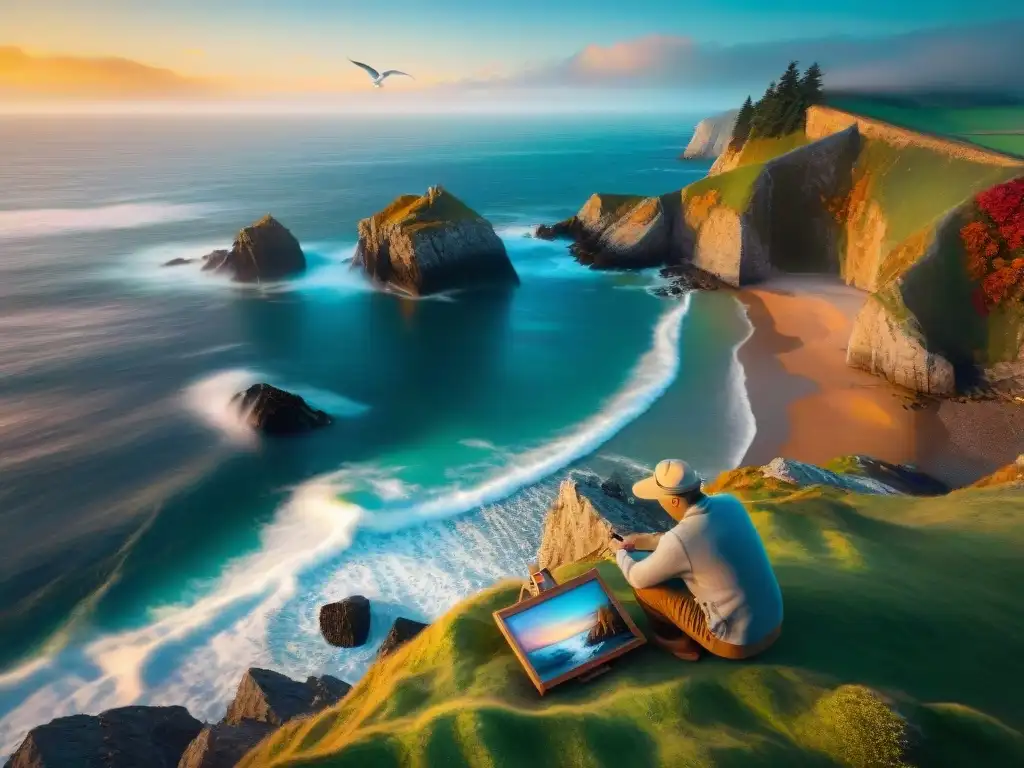Paisaje costero al atardecer: artista solitario capturando la belleza Propiedades costeras inspiran artistas: un pintor solitario captura la belleza del atardecer en un acantilado con olas rompiendo y gaviotas volando