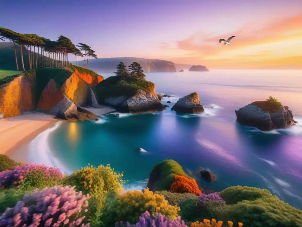 Paisaje costero al atardecer: belleza dorada y serenidad Propiedades costeras atardecer belleza capturar: Atardecer sereno en la costa con acantilados y gaviotas volando